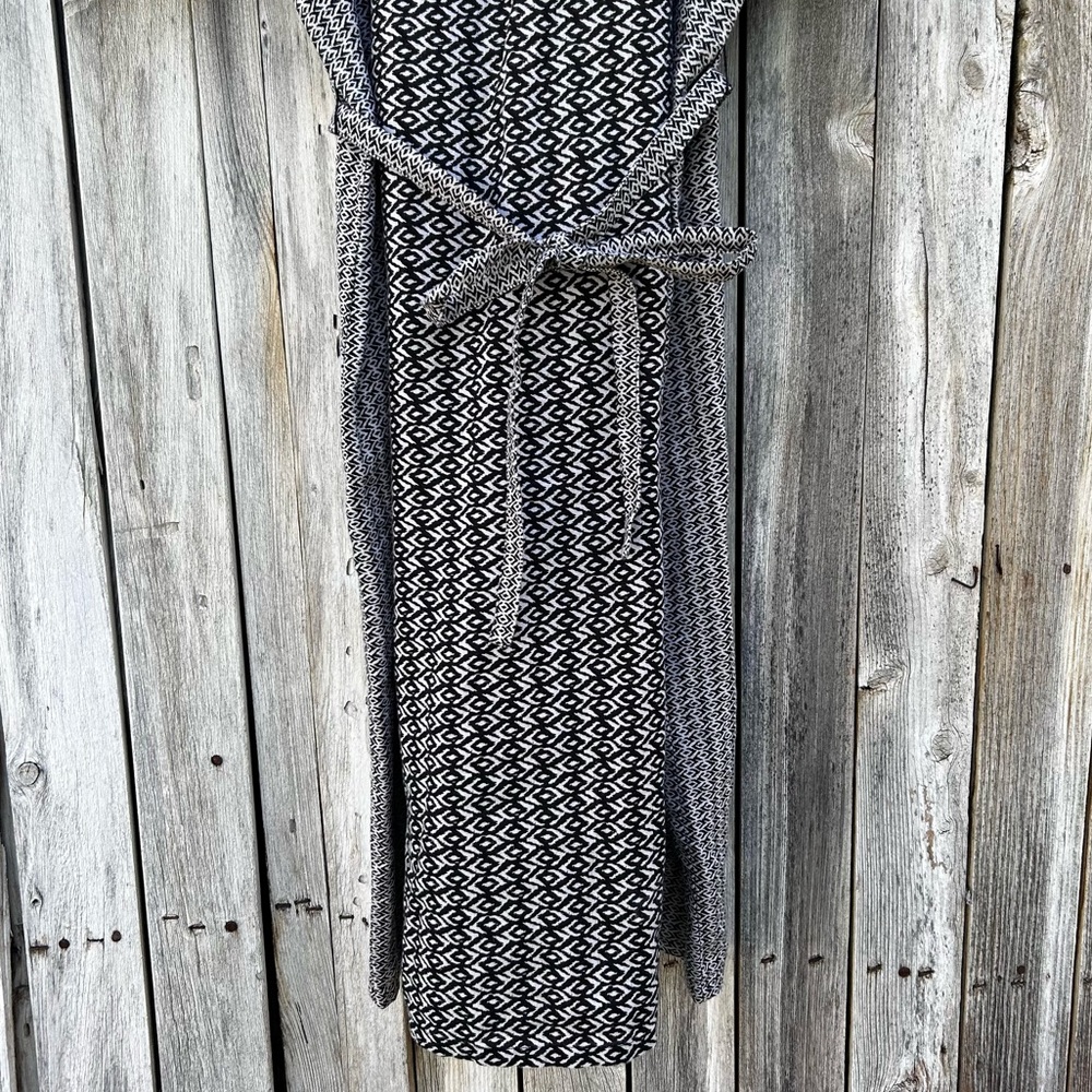 Garnet Hill Imogene Linen Midi Puff Sleeve Belted Print Dress Black Tan Beige L - Picture 8 of 16
